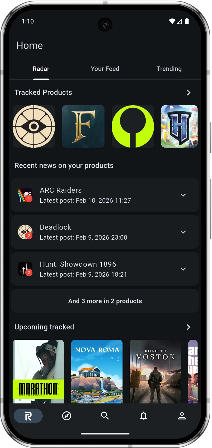 PatchRadar mobile app showing the Radar screen with tracked games and recent news